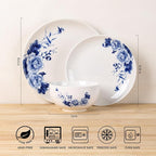 LERATIO Ceramic Dinnerware Sets,Blue and White Plates and Bowls Set,Highly Chip and Crack Resistant | Dishwasher & Oven & Microwave Safe | Round Dishes Set Service for 4 (12pc)- Peony