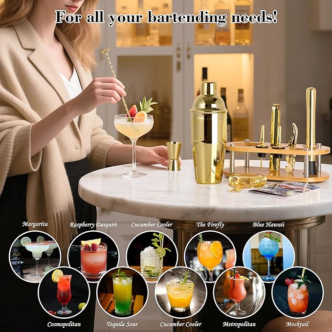 Cocktail Shaker Set Bartender Kit - 11 Pcs Bar Tool Set with Bamboo Stand & All Bar Accessories: Martini Shaker, Strainer,Jigger, Muddler, Mixer Spoon Barware Kit, for Bar, Home Lounge & Party(Gold)