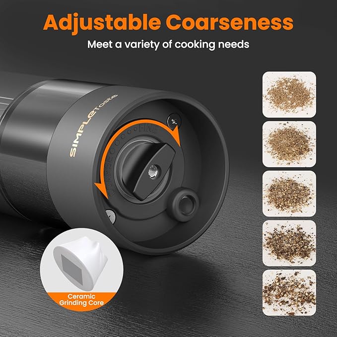 SIMPLETASTE Electric Salt and Pepper Grinder Set Rechargeable with LED Light and Dust Cover, Automatic Pepper Mill Shakers with Adjustable Coarseness, One Hand Operation for Kitchen, Dining, Gifting