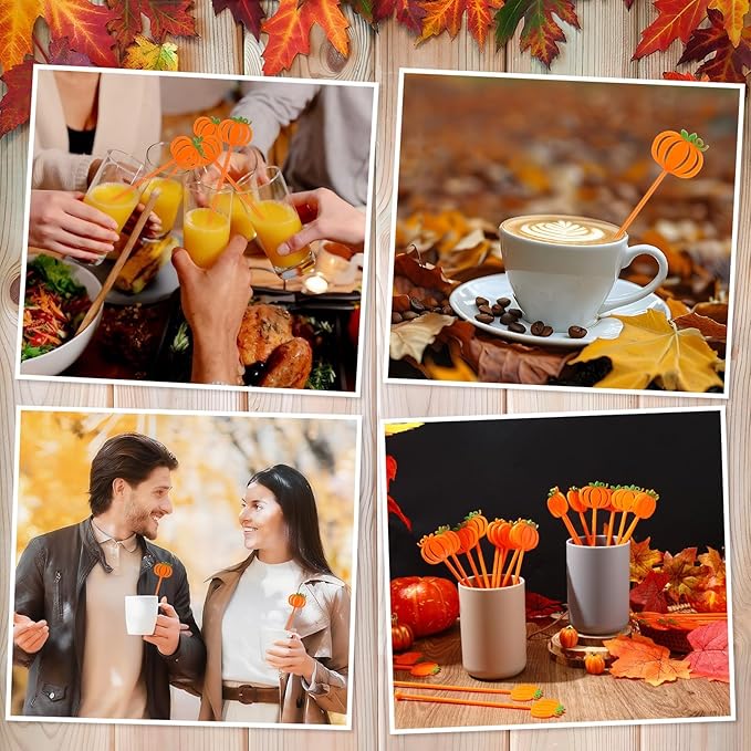 36 Pcs Fall Cocktail Stirrers, Pumpkin Drink Stirrers Plastic Swizzle Sticks Reusable Coffee Stirrer Stir Sticks for Halloween Autumn Thanksgiving Party Tea Coffee Bar Decoration