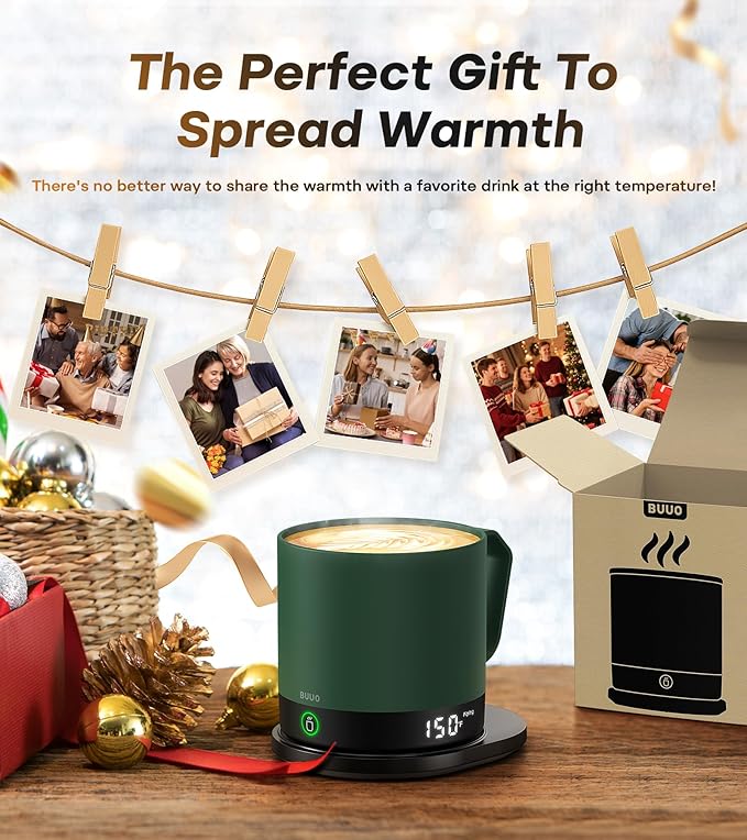 Heated Coffee Mug Rechargeable - Temperature Control Self Heating Coffee Mug 14oz with Lid, Double Sided & Real-Time LED Display, Hot up to 150℉, Birthday Gifts for Women and Men(Green)