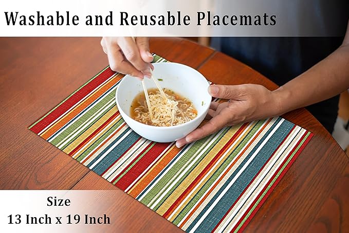 Ruvanti Placemats 100% Cotton 13x19 Inch, Dining Table Placemats Set of 6, Place Mats for Dining Table Decor, Kitchen & Table Linens, Coffee Mat for Christmas Dinners - Multi Stripe
