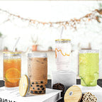4 Pcs 16 oz Glasses Cups Set with Bamboo Lids Straws Brush Sunflower Glassware Set for Juice Iced Coffee Beer Cocktail Whiskey