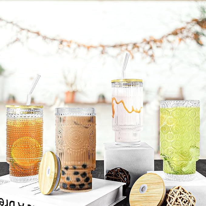 4 Pcs 16 oz Glasses Cups Set with Bamboo Lids Straws Brush Sunflower Glassware Set for Juice Iced Coffee Beer Cocktail Whiskey