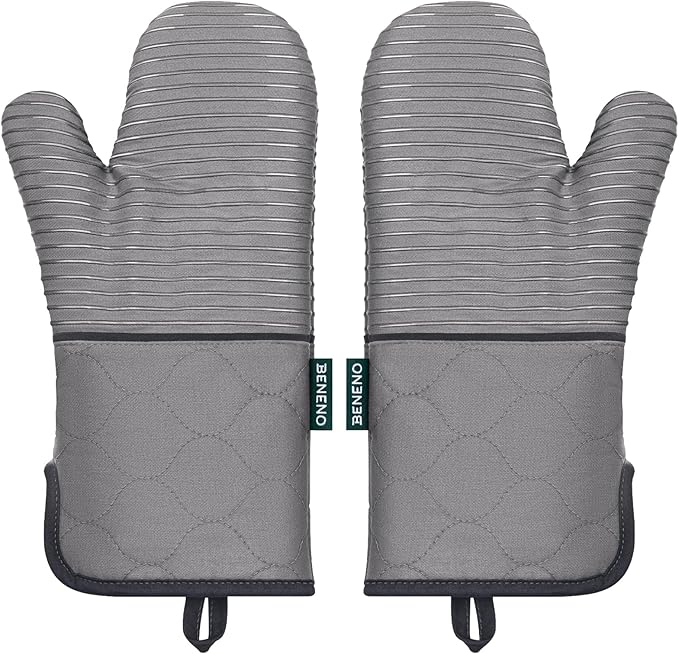 Beneno Kitchen Oven Mitts 2-Pack Heat Resistant to 500°F with Non-Slip Silicone Grip, Extra Long 14.3" Forearm Protection, Soft Quilted Cotton Terry Lining, Ideal for Cooking, Baking, Grilling, Gray
