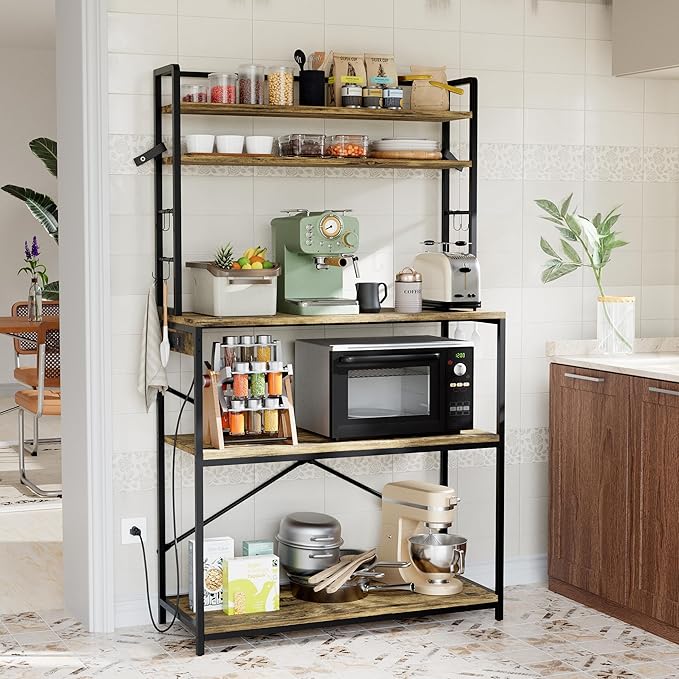 YESHOMY Kitchen Baker’s Rack with Power Outlet, 5-Tier Microwave Stand, Coffee Bar with 8 S-Shaped Hooks, Heavy Duty Storage Shelf Unit for Spices, Pots, Rustic Brown