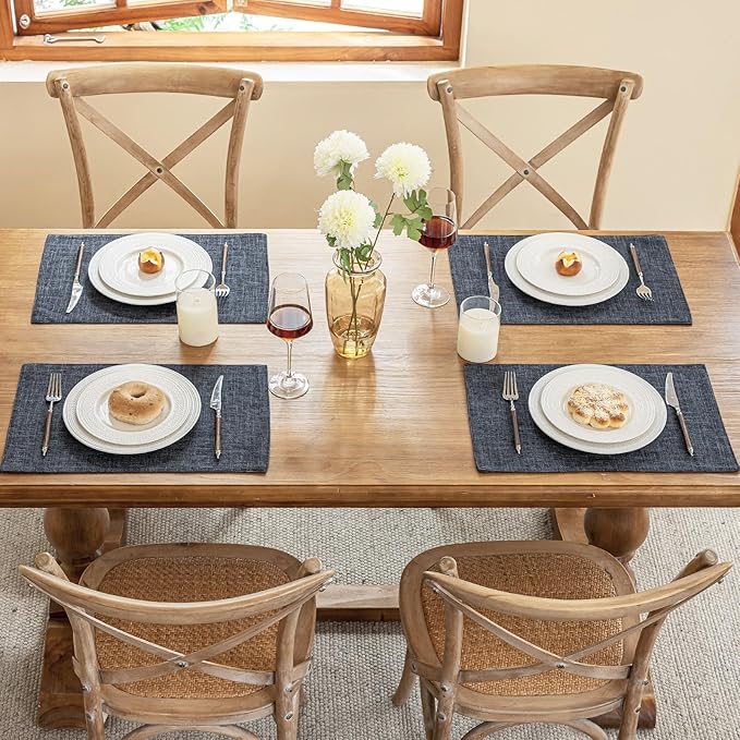 Blue Forest Placemats Set of 6, Dual-Layered Thickened Faux Linen Cloth Place Mats Heat Resistant Machine Washable Wrinkle Free Table Mats Indoor/Outdoor (Dark Grey)