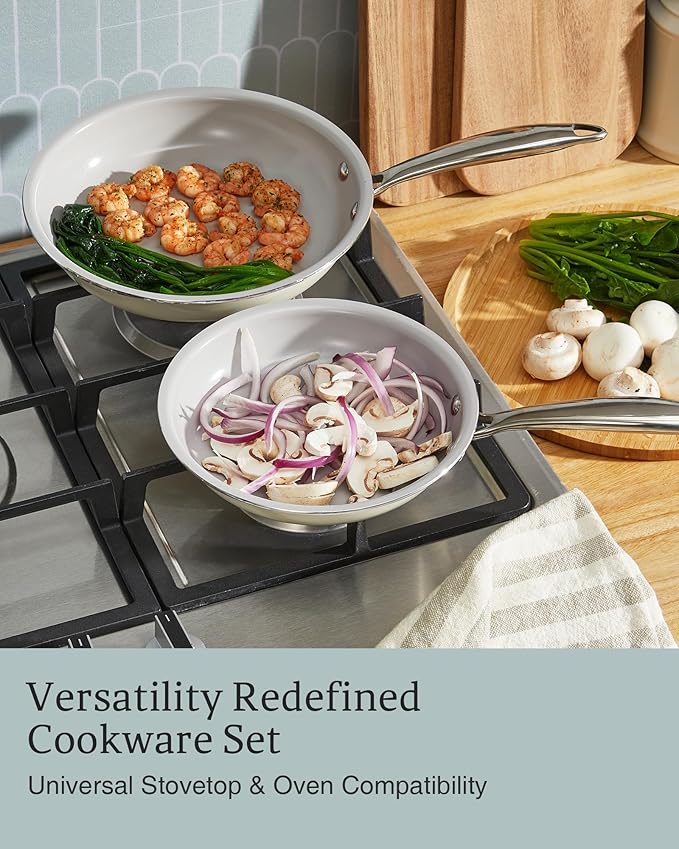 KITEXPERT Non Stick Frying Pans, Titanium Ceramic Skillet Set for Cooking, 8" 9.5" 11" Non Toxic Ceramic Pans with Stay Cool Handle, PFAS & PTFE & PFOA Free, Dishwasher and Oven Safe, Cream