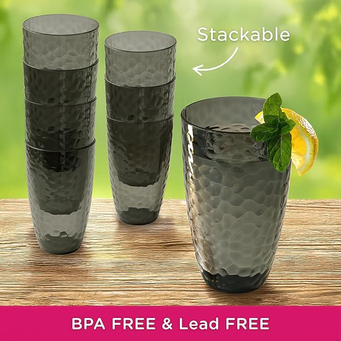 Kate Aspen Smoke Grey Hammered Plastic Tumblers, Plastic Drinking Glasses Set of 8, 23 oz, Large Shatterproof Cups Reusable for Outdoor Barware, Cocktails, BPA-Free Tumblers & Water Glasses