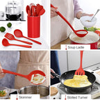 LIANYU 12-Piece Red Silicone Kitchen Cooking Utensils with Holder, Kitchen Tools Set Include Slotted Spatula Spoon Turner Ladle Tong Whisk, Dishwasher Safe