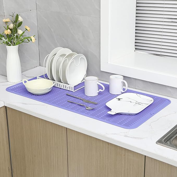 Silicone Dish Drying Mat for Multiple Usage,Easy clean,Eco-friendly,Heat-resistant Silicone Mat for Kitchen Counter or Sink,Refrigerator or Drawer Liner Light Purple 5XL 36inches x 18inches