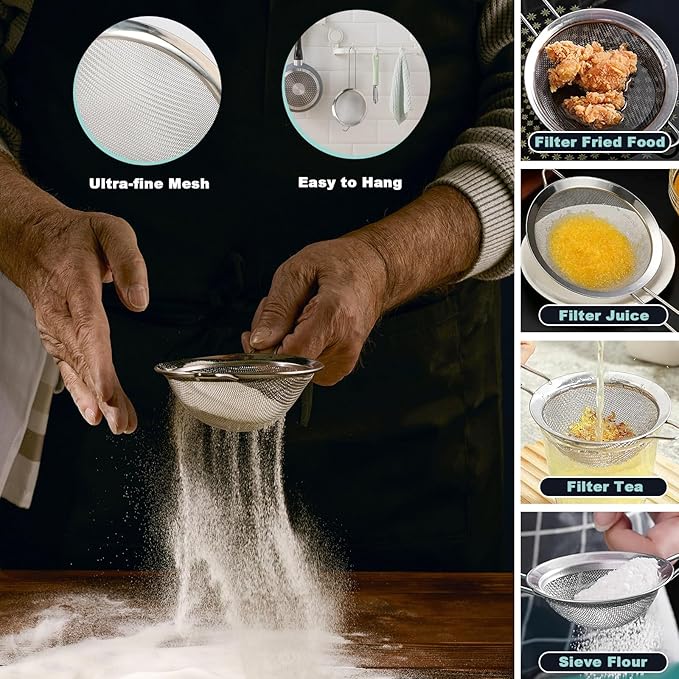 4+3 Stainless Steel Colander Set, 4 Sizes (1.8 qt, 2.3 qt, 3 qt, 4 qt) with 1 Mesh Strainer + 2 10-inch Stainless Steel Round Plates, for Washing Rice, Fruits, Vegetables, Draining Pasta, Meat