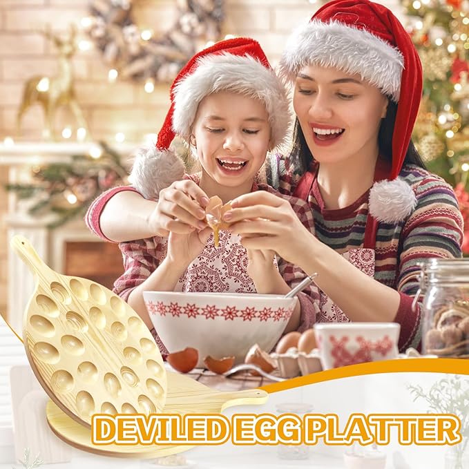 24 Holes Deviled Egg Platter,Wooden Round Deviled Egg Tray,Charcuterie Board Tray Holder Carrier for Kitchen Countertops,Serving Tray,Pizza,Pies,Barbecue,Snacks