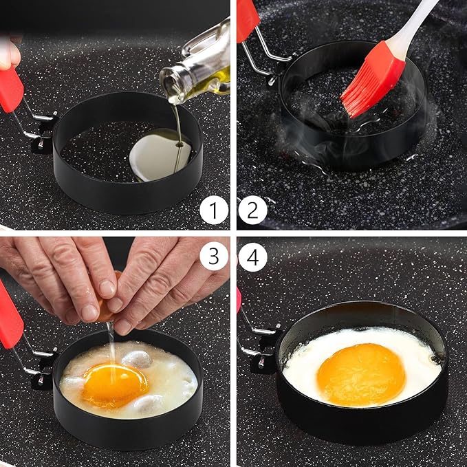 6 Pcs 3.5" Egg Rings with Silicone Handle, Round Pancake Mold with Silicone Oil Brush for Frying Eggs, English Muffins, Indoor Camping Breakfast Sandwiches