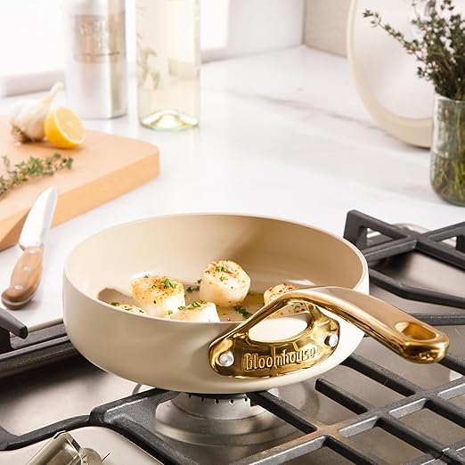 bloomhouse 8 Inch Heavy Duty Aluminum Premium PFA Free Ceramic Nonstick Saute/Deep Frying Pan Skillet - Almond Cream w/Gold Handle