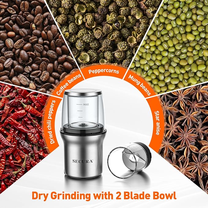 Secura Coffee Grinder Electric, Spice Grinder, Dual Glass Bowls for Wet & Dry Grinding