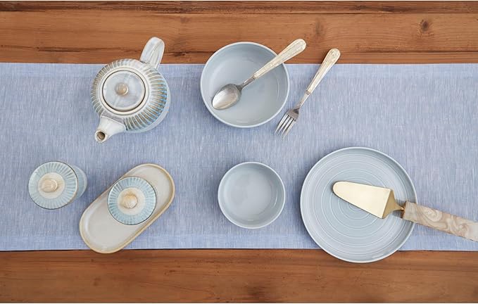 Solino Home Linen Table Runner 144 Inches Long - Athena, 100% Pure Linen Chambray Blue 14 x 144 Inch Table Runner for Dining, Summer