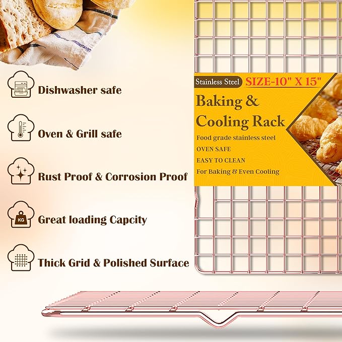 2-Pack Cooling Racks for Cooking and Baking - 10" x 15"Heavy Duty Stainless Steel Wire Rack for Baking, Grilling, Roasting - Oven & Dishwasher Safe - Fits Jelly Roll Sheet Pan（Rose Gold）