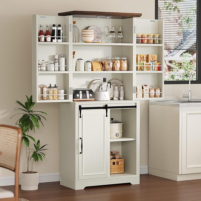 YITAHOME Pantry Cabinet, 71-Inch Tall Freestanding Storage Cabinet with 4 Drawers, Farmhouse Cupboard with Doors Storage, Adjustable Shelves, for Living Room, Dining Room, White Walnut