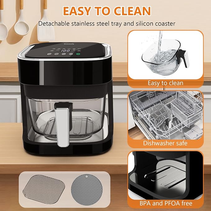 Glass Air Fryer with 8-in-1 Preset Cook Modes, 4.5 QT Transparent Viewing Pot, Non-Toxic, Dishwasher Safe, 97% Less Oil, Precise Temperature Control & Timer, Stainless Tray & Silicon Coaster Included