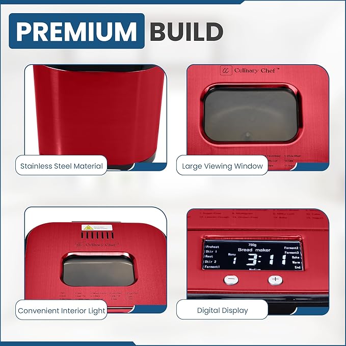 CULINARY CHEF Bread Maker Machine with Nonstick Bowl, Bread Hook, Measuring Cup & Spoon. 15-in-1, Gluten-Free Bread, Cake& Yogurt, 3 Crust Colour options and more. 3 Loaf Sizes. 2LB XL-RED
