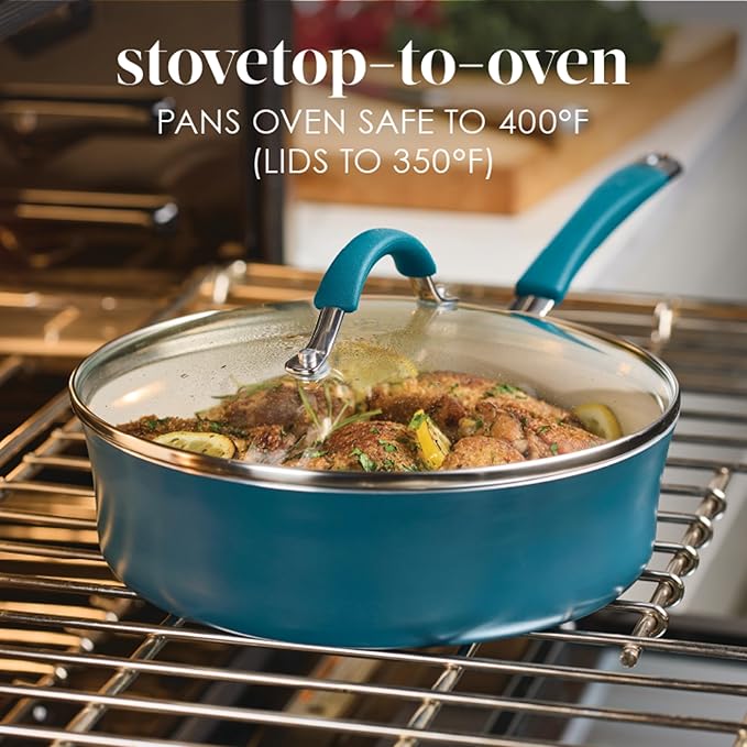Rachael Ray Cucina Ceramic Nonstick Saute Pan with Lid, 3 Quart Non Stick Sauteuse Pan, Dishwasher Safe - Marine Blue