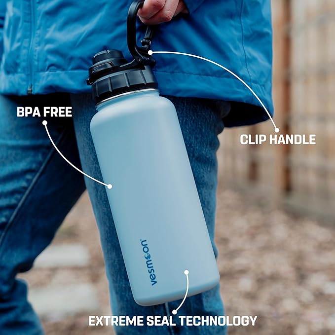 Vesmoon Vessence 24 Oz Stainless Steel Tea Infuser Bottle for Loose Leaf Tea, Water, Herbs, Fruits - Triple Layered Insulated, Leak Proof Bottle with Lid and Clip Handle - 24 Hours Hot/Cold