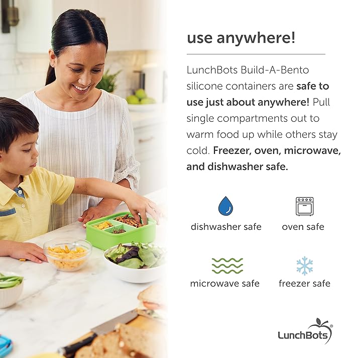 LunchBots Build -a- Bento Lunch Box, Silicone Bento Box for Kids, Multi-Compartment Lunch Container, Oven & Dishwasher Safe, BPA Free, 28 oz - Green