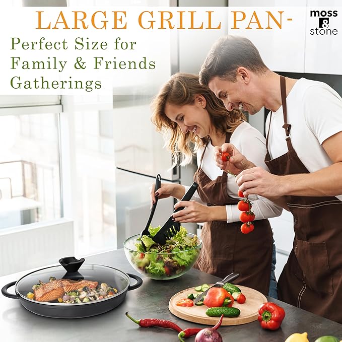 Moss & Stone Nonstick Grill Pan for Indoor Cooking 12", The Whatever Pan Cast Aluminum Griddle Pan for Stove Top Dishwasher & Oven Safe, Induction Grill Pan with Lid with Silicone handles PFOA Free