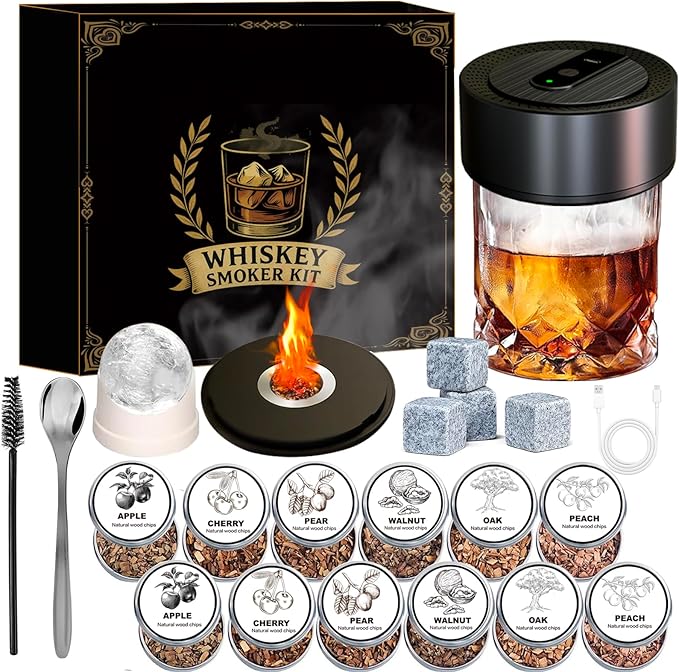 Electric Whiskey Smoker Kit with 12 Wood Chips, Rechargeable Cocktail Smoker Kit Built-in Lighter, No Butane Needed, Bourbon Whiskey Gifts for Men, Dad, Husband – Birthday, Christmas, Anniversary