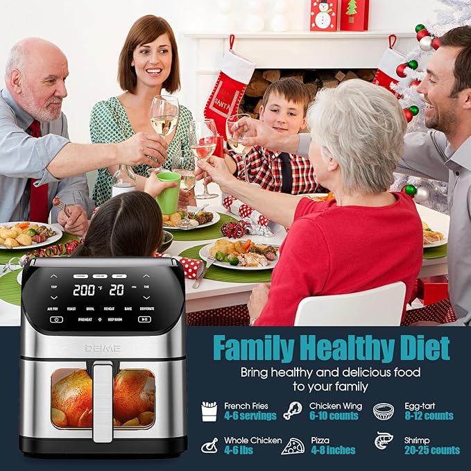 Air Fryer 6.2 QT Large Capacity Oilless Hot Air Fryers Oven 1500W Healthy Cooker with 10 Presets, Digital LCD Touch Screen, Visual Cooking Window, Non-Stick Basket, Included Recipe (Silver-L)