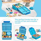 Bento Lunch Box with 9.5 oz Soup Thermo, Kids Leakproof 4 Compartments Bento Box with Silicone Cupcake,Fruit Fork,Spoon and Sauce Cup,Insulated Food Jar for School Travel-Blue