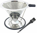 Pour Over Coffee Dripper, Stainless Steel Coffee Filter, Reusable Coffee Filter, Metal Cone Filter with Removable Cup Holder and Cleaning Brush
