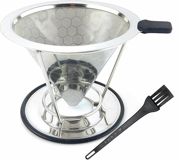 Pour Over Coffee Dripper, Stainless Steel Coffee Filter, Reusable Coffee Filter, Metal Cone Filter with Removable Cup Holder and Cleaning Brush