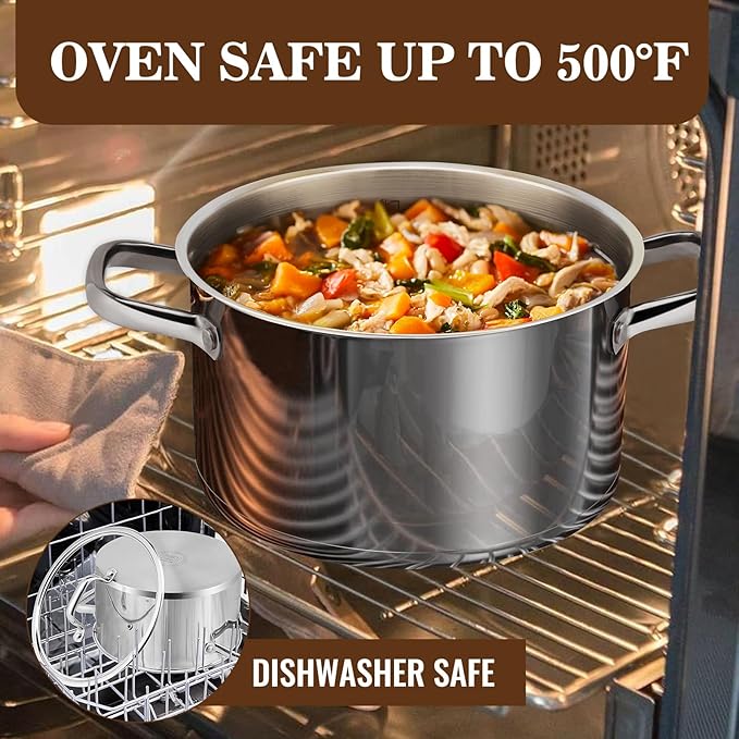 Rorence Stainless Steel Stock Pot, Tri-Ply Base Large Pot Induction Cooking Pot with Lid for All Stoves, Oven & Dishwasher Safe, 6-Quart