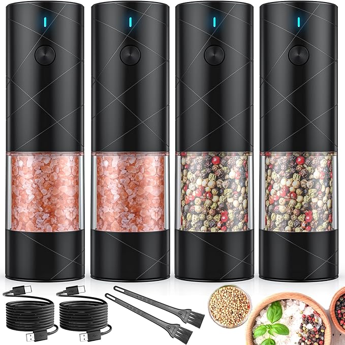 4Pack Electric Salt and Pepper Grinder Set USB Rechargeable with Warm LED Light, Adjustable Coarseness Lidaop Large Capacity Automatic Salt Pepper Mill Grinder for Kitchen, Black Set