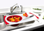 Dexas Over the Sink Poly Cutting Board with Collapsible Colander Strainer, 11.5 x 20",Natural/Red