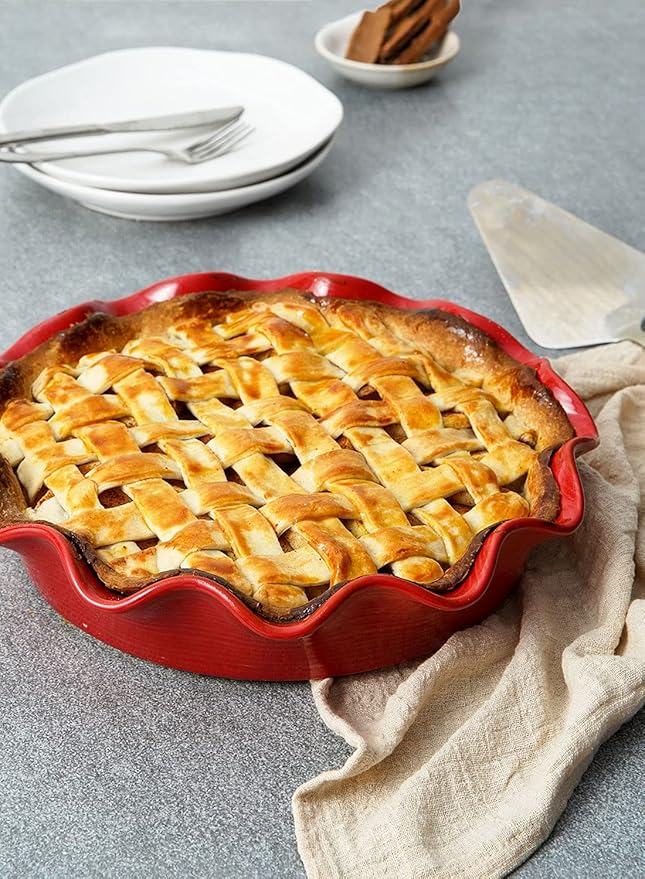 LE TAUCI Ceramic Pie Pans for Baking, 11 Inches Deep Dish Pie Plate for Apple Pie, 48 Ounce Baking Dish with Ruffled Edge, Set of 2, Red