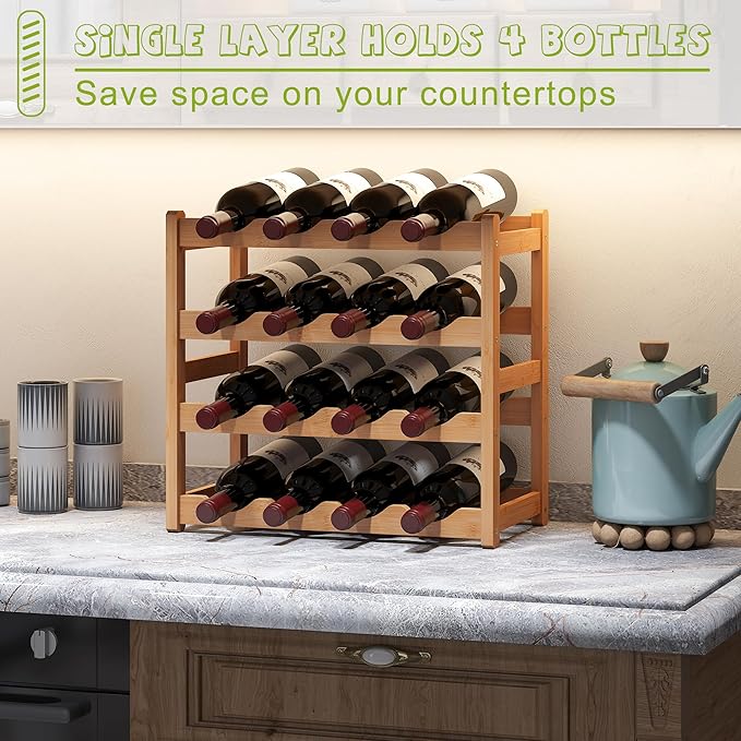 BMOSU Bamboo Wine Rack Wine Storage Cabinet Shelf 16 Bottle Wine Racks Countertop Sturdy for Kitchen Dining Room Pantry - 4 Tiers Wine Rack(Natural)