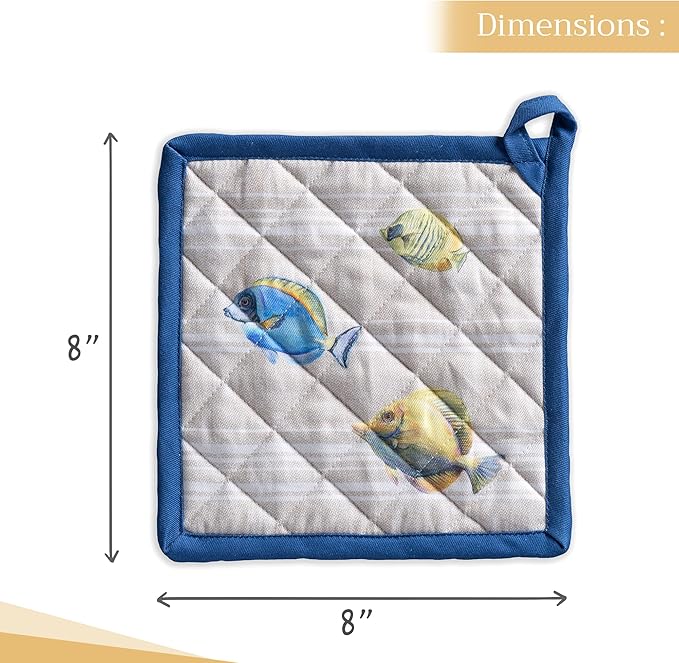 Maison d' Hermine Pot Holders 100% Cotton Heat Resistant Potholders 8" x 8" Hot Pads with Loop BBQ, Cooking, Baking, Grilling, Kitchen, Handling Hot Pans Spring/Summer (Pack of 1, Poisson)