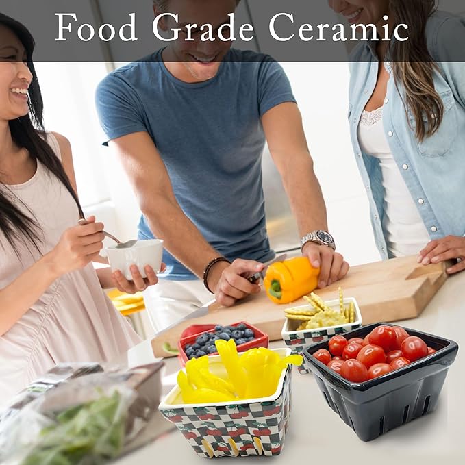 Ceramic Berry Basket -Checkered black and White with red Cherries pattern-Colander -Modern Kitchen Decor Fruit Bowls - Checkerboard Fruit Baskets, Farmer's Market Harvest Bowls Set of 4