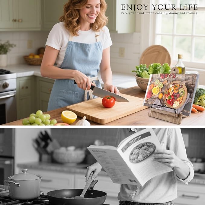 Cookbook Stand Wooden Recipe Book Holder: Wood Cookbook Stand for Kitchen Counter - Adjustable Tablet Cook Book Recipe Stand Thanksgiving Day Christmas Gift for Mother, Grandma, Women