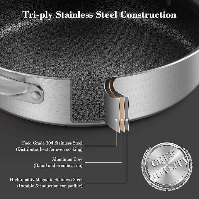 12 Inch Frying Pan with Lid, Tri-ply Stainless Steel Saute Pan, Non Stick Pans, Non Toxic Frying Pan, 5.2 QT Deep Skillet PTFE&PFOA Free, Induction, Oven & Dishwasher Safe