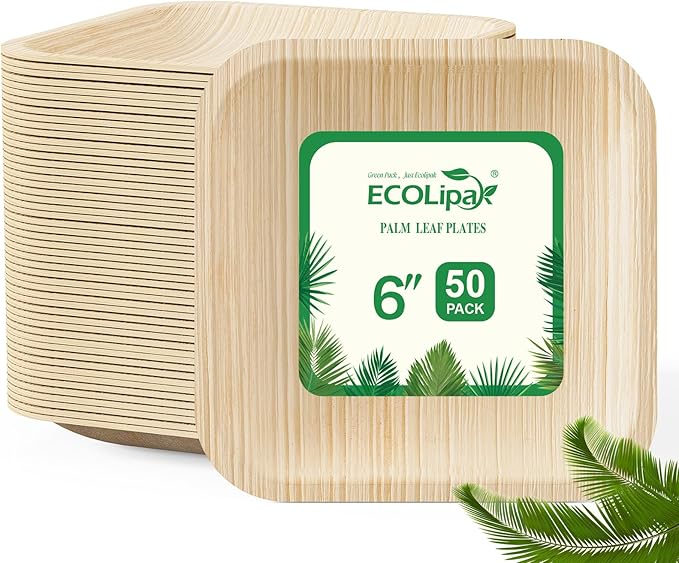 ECOLipak 6 Inch Compostable Palm Leaf Plate Like Bamboo Plate, 50 Pack Disposable Biodegradable Plates Suitable for Party, Dinner