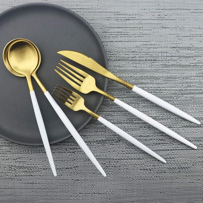 JASHII Luxury Wthie Gold Flatware, Silverware Sets, 5-piece Elegant Cute 18/10 Stainless Steel Silverware Set for Eating Home Kitchen Hotel Restaurant, Service Sets for 1 People, Dishwasher Safe