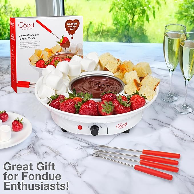 Electric Fondue Maker Deluxe Set w 4 Forks- Removable Serving Tray for Cheese & Chocolate Melting, Warming Setting- XMAS Candy Bar Melter, Holiday Party Must Have- Appetizers Desserts- Gift for Host