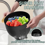 Metal Colander with Bamboo Wood Handle, 6 QT Large Strainer with Self-Draining Base, Kitchen Strainer Bowl for Pasta Spaghetti Vegetables Fruit Berry, Essential Kitchen Appliance and Gadget (Black)