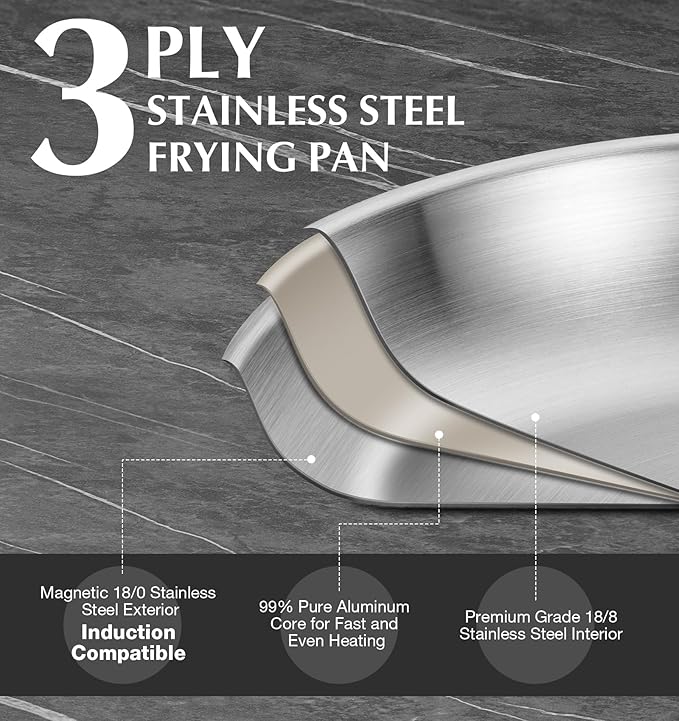 KOCH SYSTEME CS Stainless Steel Pan Set of 3, 8"&10"&12" Tri-Ply Stainless Steel Frying Pan Set with Stay-Cool Handle, Non-Toxic Staninless Steel Skillet, Fast & Even Heat Induction Compatible