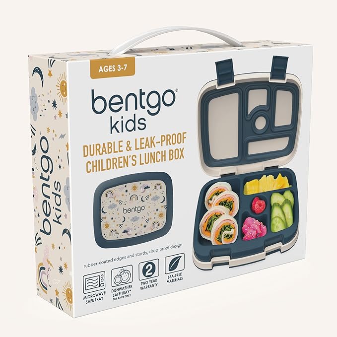 Bentgo Kids Prints Leak-Proof, 5-Compartment Bento-Style Kids Lunch Box - Ideal Portion Sizes for Ages 3-7, Durable, Drop-Proof, Dishwasher Safe, & PFAS & BPA-Free Materials (Friendly Skies)