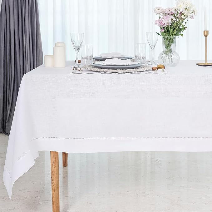 D'Moksha Homes White Linen Tablecloth 60 x 108 Inch - 100% Pure Linen White Table Cloth for Rectangle Tables - Classic Hemstitch, Machine Washable Tablecloth for Summer, Fall and Halloween